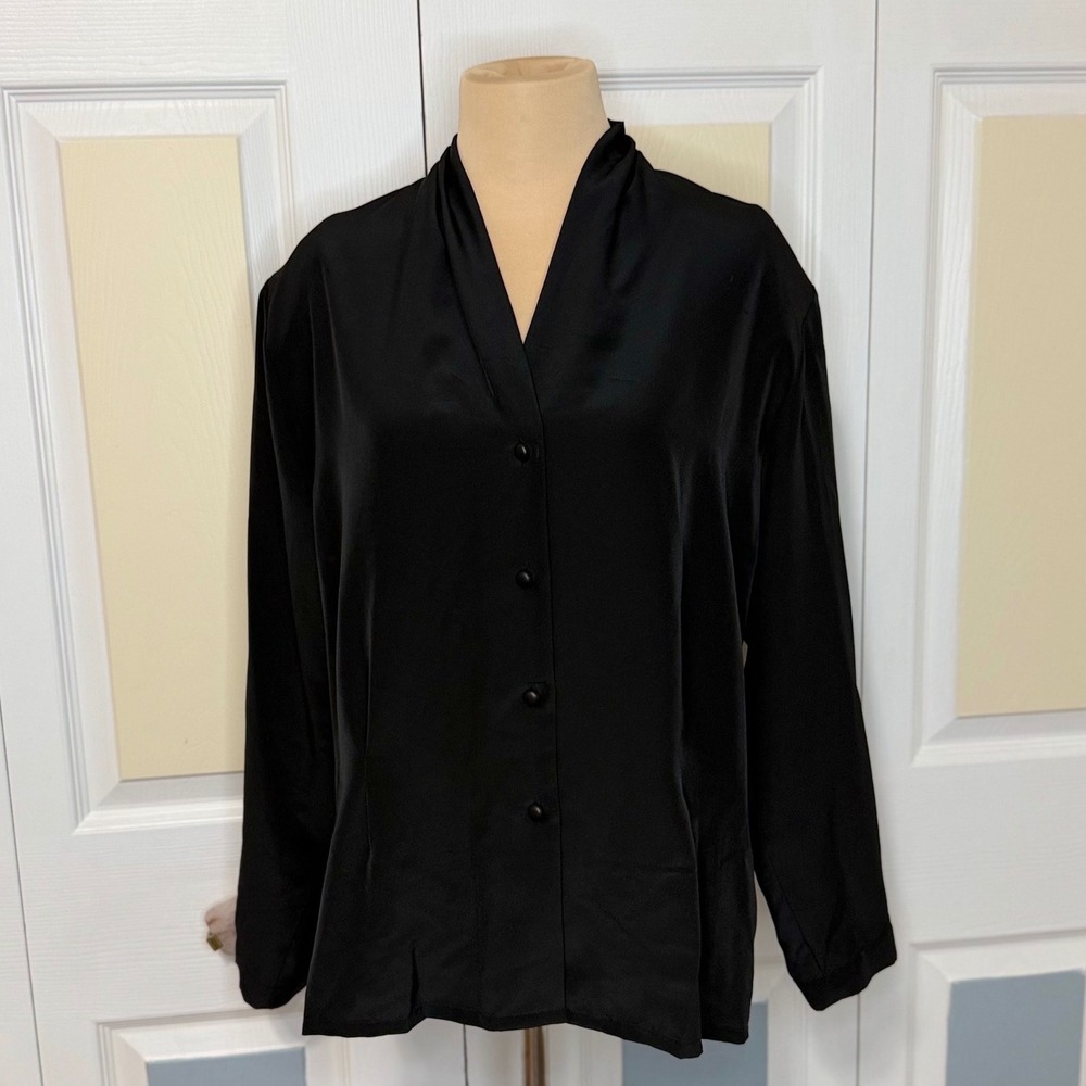 Sophisticates by Pendleton Black Silky Button Front Blouse Petite 16 Vintage
